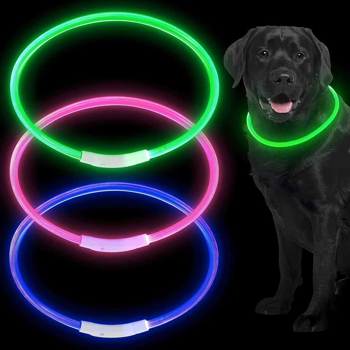 Collier pour chien à LED rechargeable par USB – Collier de sécurité lumineux à 360° avec 3 modes, réglable et découpable en TPU pour chiens de petite, moyenne et grande taille, idéal pour les promenades nocturnes, la course et la chasse