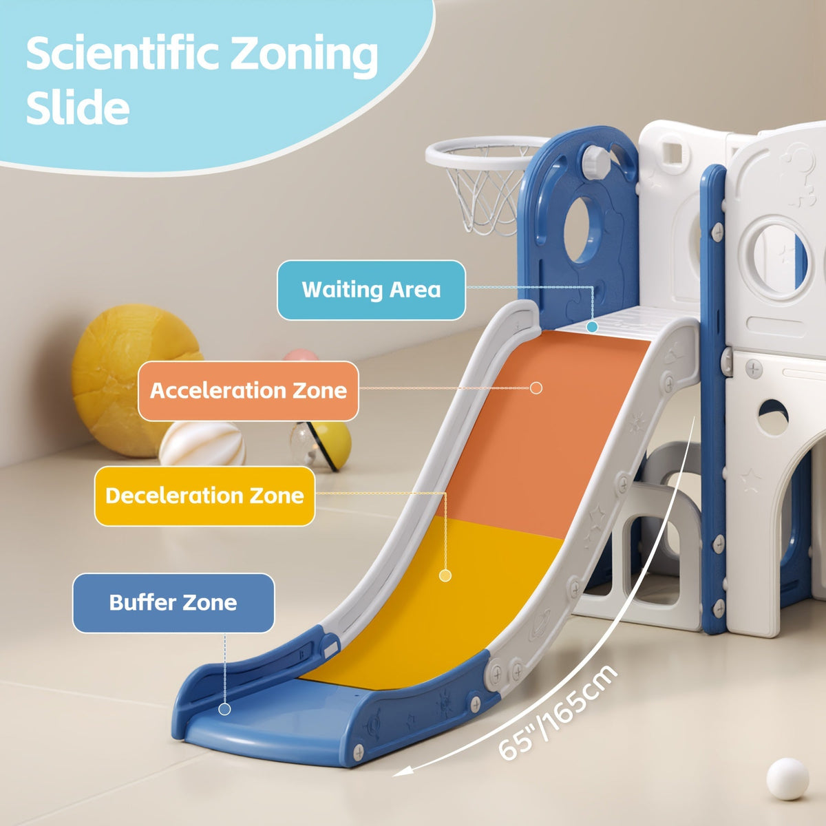 Toboggan pour enfants, aire de jeux intérieure et extérieure avec panier de basket et télescope, équipement de terrain de jeu pour jardin, cadeau d'anniversaire pour filles et garçons, gris, blanc, orange et vert