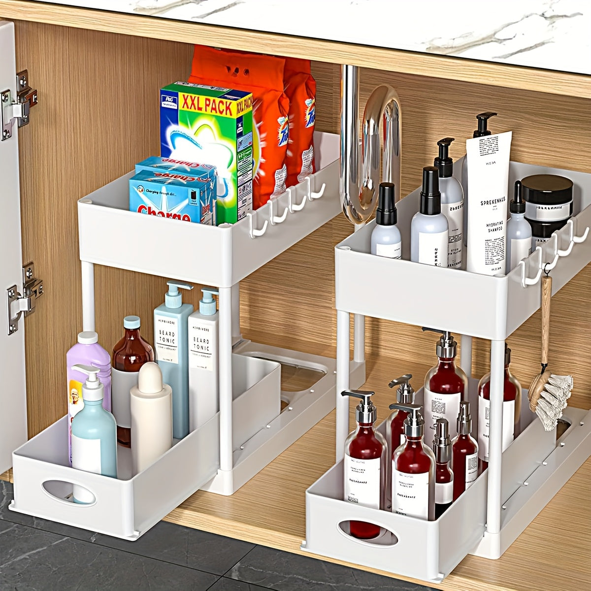 Ensemble de 2 organisateurs sous évier – Tiroirs coulissants à deux niveaux avec 8 crochets, solution de rangement pour meuble de salle de bain sous comptoir, paniers à étagères polyvalents pour cuisine et salle de bain, noir blanc gris