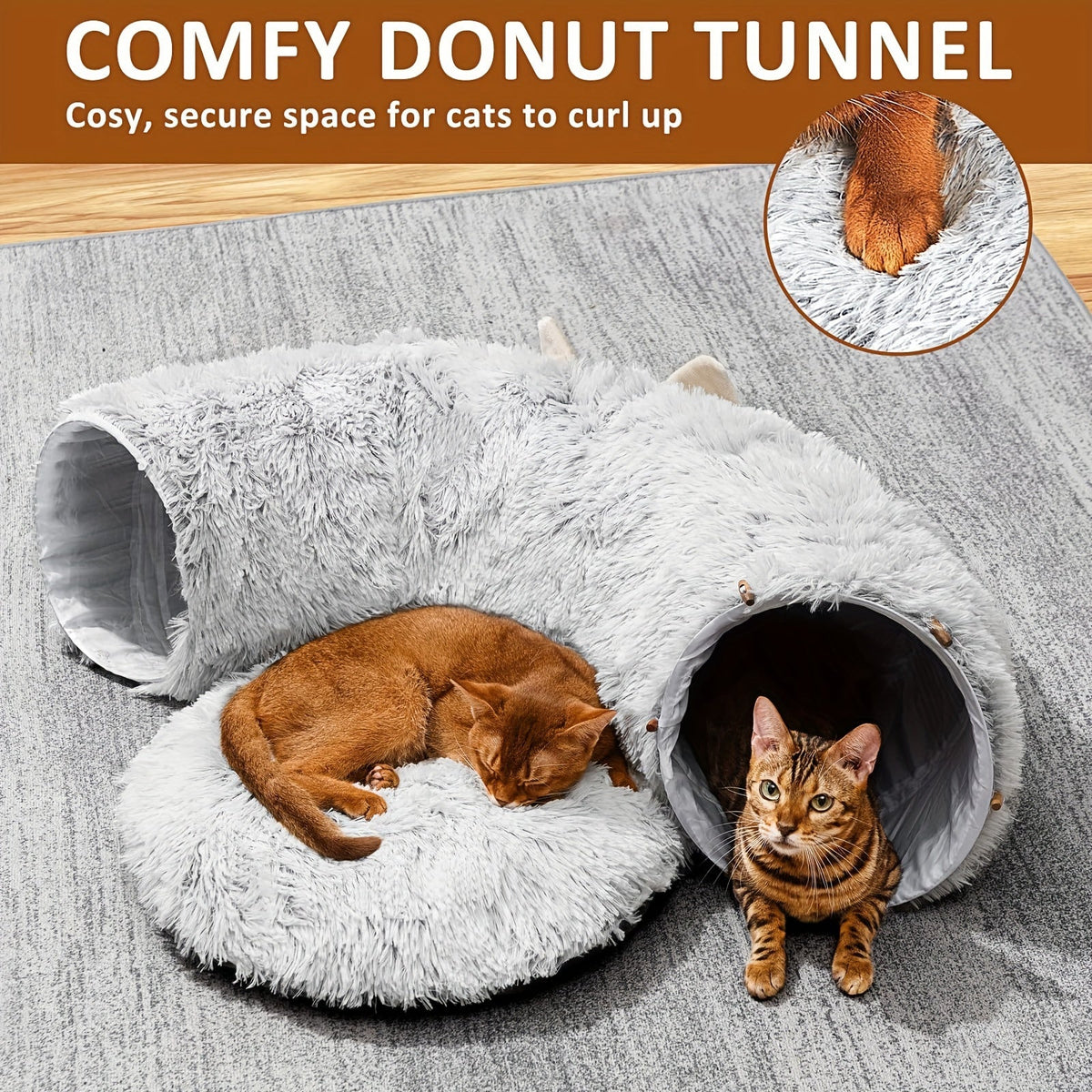 Tunnel pour chat avec lit et trou d'observation – Jouet d'intérieur en peluche douce, cachette multifonctionnelle et parc d'attractions pour chats, chatons et lapins, inclut un foulard pour animal de compagnie, tailles petit, moyen et grand