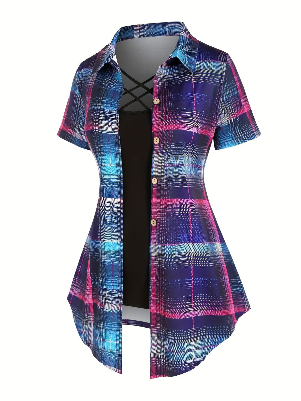 Women's Two-Piece Set Plaid Button Front Shirt & Solid Cami Top β Casual Summer Matching Outfit Set for Women S M L XL XXL Purple Milky Green