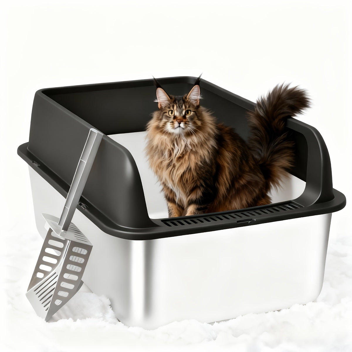 Bac à litière pour chat en acier inoxydable à bords hauts, bac anti-fuites avec pelle et plateau de tamisage, résistant à la rouille, anti-odeurs, anti-adhésif, facile à nettoyer, toilettes pour chats d'intérieur, taille moyenne à grande