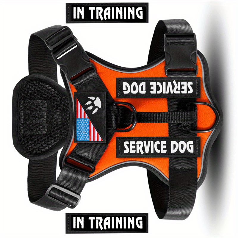 Harnais anti-traction pour chien avec gilet réfléchissant et 5 écussons – Harnais de service réglable en maille Oxford souple, avec attaches avant et arrière pour chiens de petite, moyenne et grande taille, de XS à XL