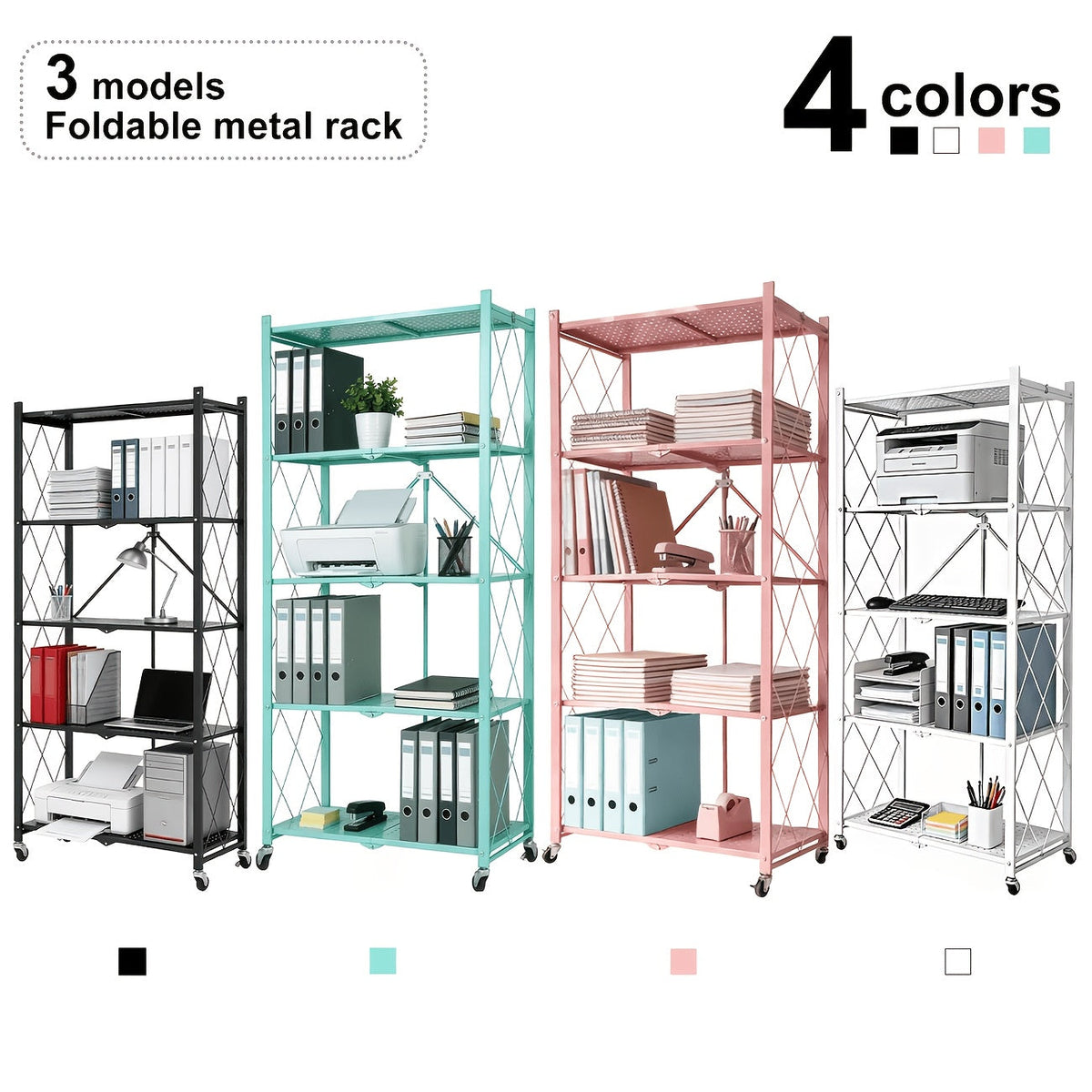 Heavy Duty Folding Storage Rack with Wheels β 3/4/5-Tier Portable Floor-Standing Shelf, No Assembly Required, for Home, Office, Bedroom & Dorm, 4 Colors Available