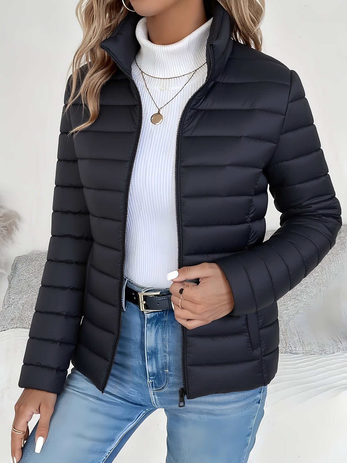 Doudoune matelassée légère pour femme, manteau rembourré à col montant, fermeture zippée, veste courte, coupe ajustée automne-hiver