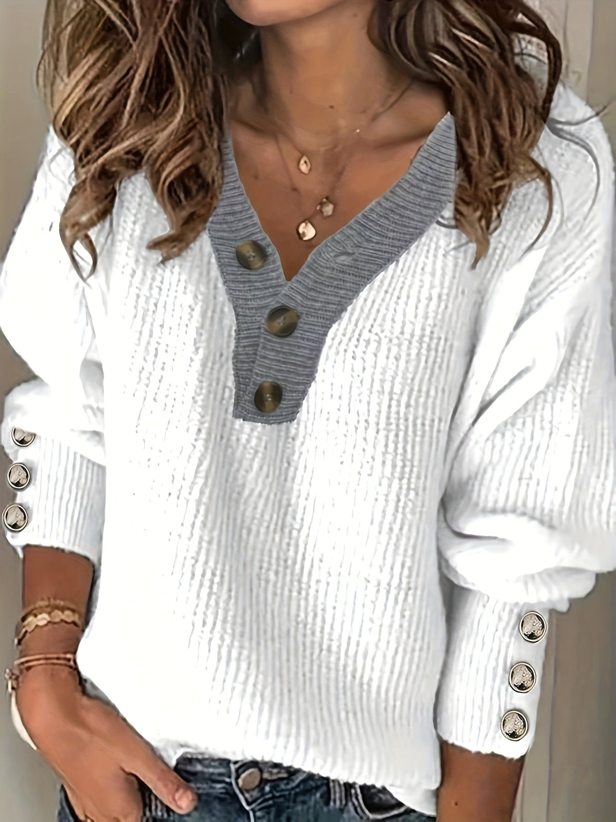Women's V-Neck Button-Decorated Pullover Sweater β Casual Solid Color Knit Top for Fall Winter, Lightweight Polyester Stretch Pullover, Sizes S-XXL, White & Sea Blue