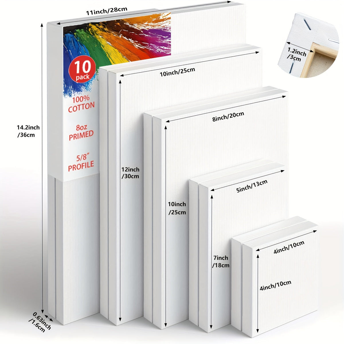 Lot de toiles tendues apprêtées en blanc, 100 % coton – Ensembles ronds, rectangulaires et carrés de 10, 15 et 20 pièces – Châssis entoilés d'artiste pour peinture acrylique, à l'huile, pouring et techniques mixtes