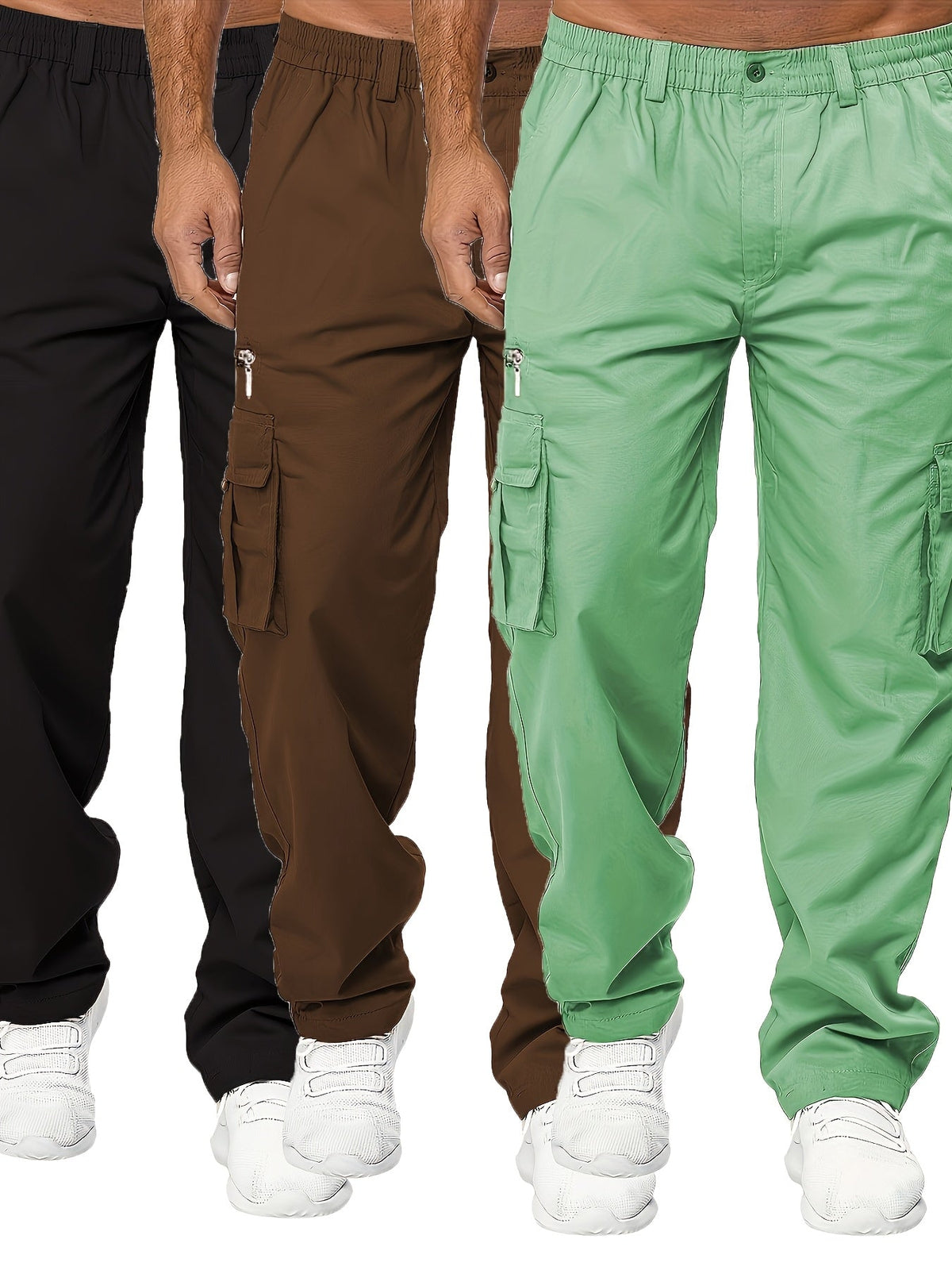 Lot de 3 pantalons cargo pour homme, coupe droite multipoches – Pantalon de randonnée en polyester tissé uni pour le printemps et l'automne, tailles S à XXXL, 9 combinaisons de couleurs