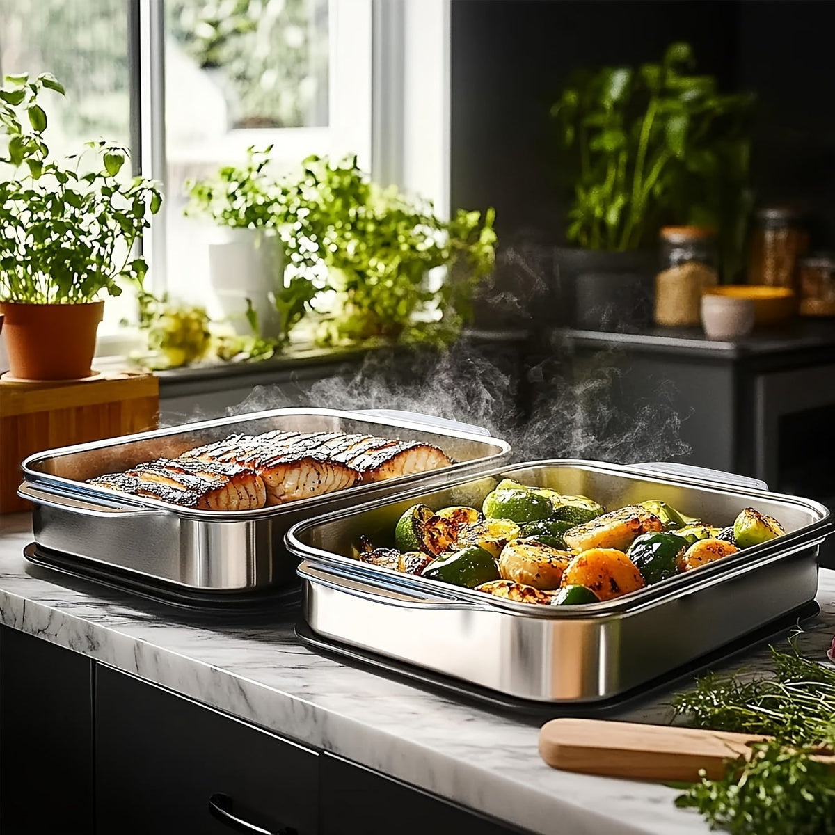 Ensemble de plats de cuisson en acier inoxydable avec couvercles – Grands plateaux de four rectangulaires antiadhésifs et robustes pour rôtir, pain, desserts, fruits de mer, barbecue et service buffet, options de lots de 2, 4, 6 ou 8