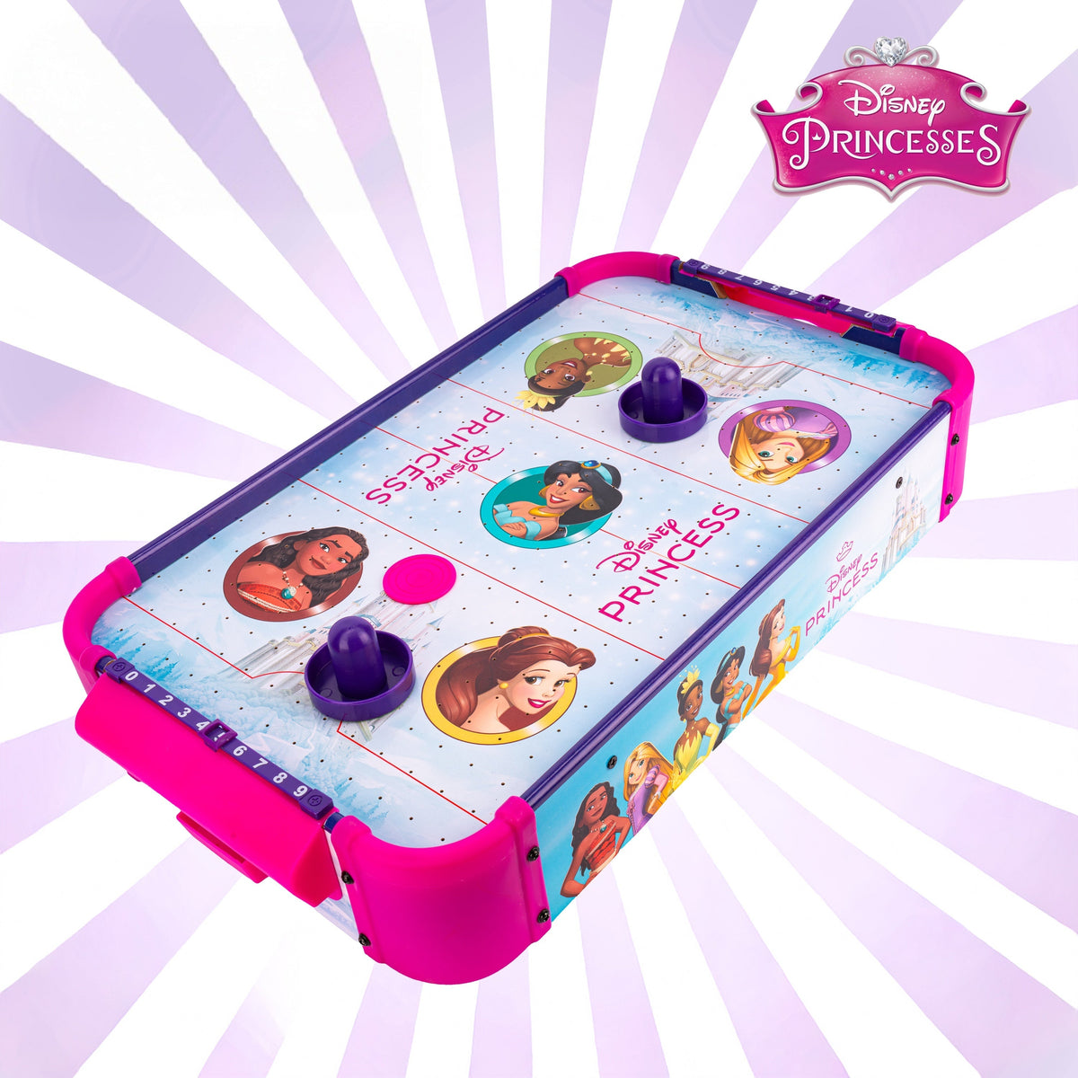 Table de hockey sur air électronique sous licence officielle Disney Princess – Surface de jeu en bois lisse, compteurs de points manuels, jeu amusant pour enfants pour salle de jeux, cadeau d'anniversaire et de vacances