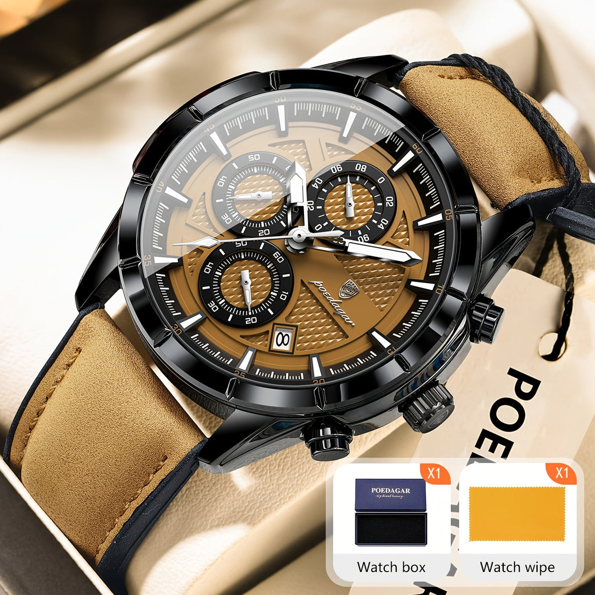 Montre chronographe à quartz étanche pour homme POEDAGAR avec bracelet en cuir luminescent – Montre-bracelet décontractée et sportive avec calendrier, cadeau pour homme, noir marron noir