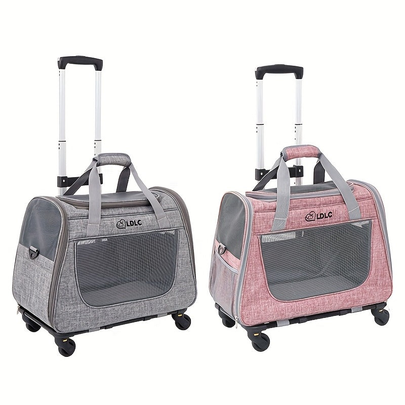 Sac de transport pour animaux 2-en-1 à roulettes - Sac à dos trolley pour chats et petits chiens, sac de voyage amovible, conforme aux normes aériennes, gris clair et rose clair