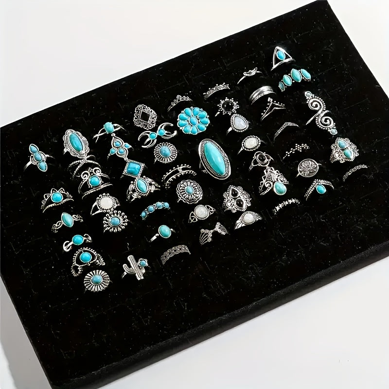 Lot de 44 bagues vintage turquoise style bohème pour femmes – Ensemble de bagues empilables style bohème pour le quotidien, les vacances, les fêtes et les cadeaux de fêtes