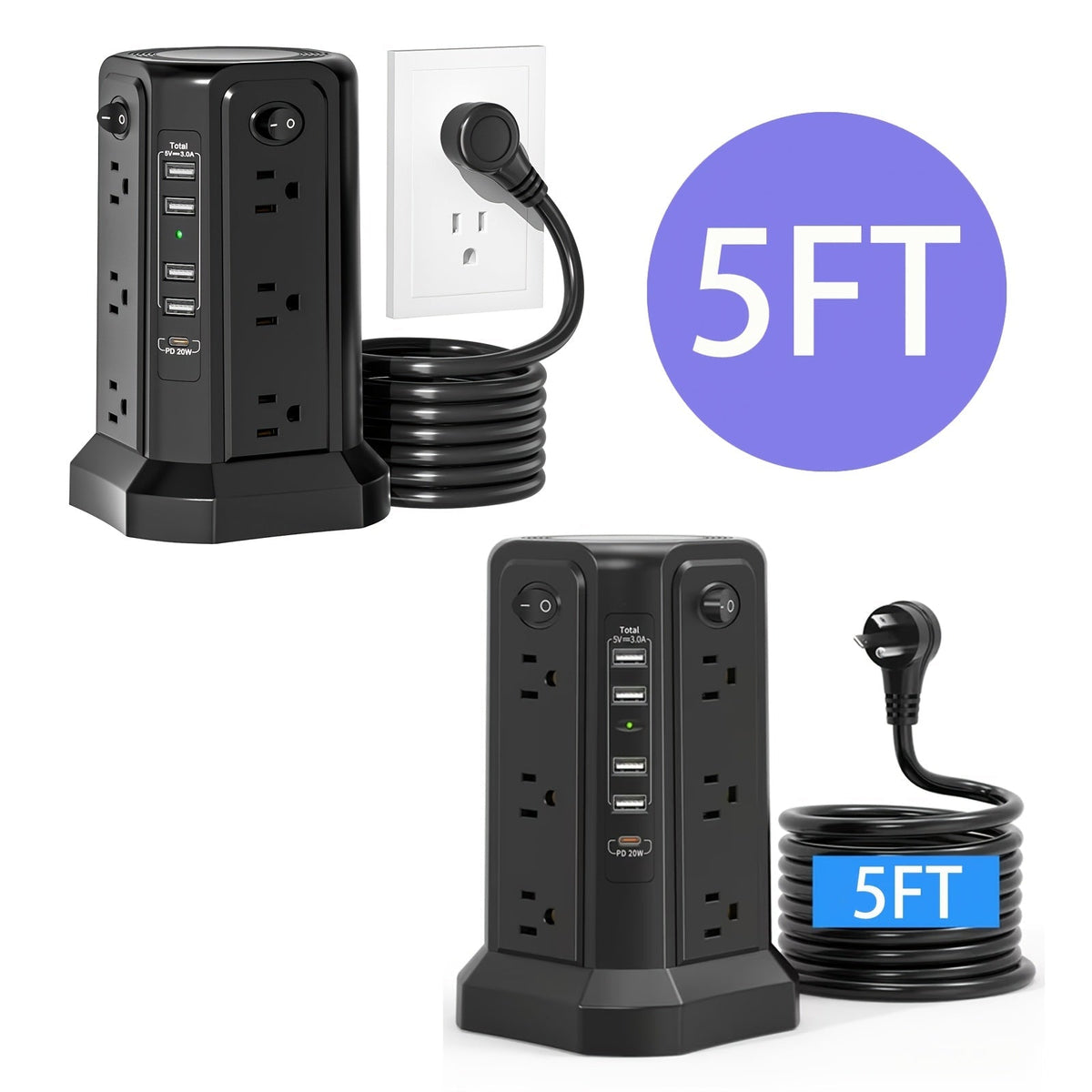 Tour multiprise, 16 prises CA, 5 ports USB, USB-C PD 20W, parafoudre 1500J, prise plate, rallonge de bureau