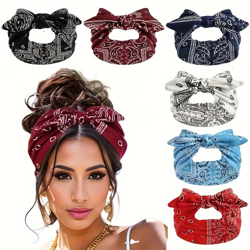 Lot de 6 bandeaux élastiques bohèmes à motif cachemire pour femmes – Foulards élastiques amples en 6 coloris (bleu ciel, noir, bleu marine, rouge vin, blanc, rouge), pour toutes les saisons, usage quotidien et extérieur