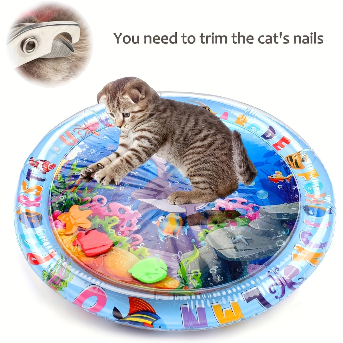Tapis de jeu aquatique interactif pour chat avec poissons flottants – Jouet sensoriel en PVC anti-éclaboussures pour chats d'intérieur, sans pile nécessaire, tapis ludique anti-ennui pour races moyennes