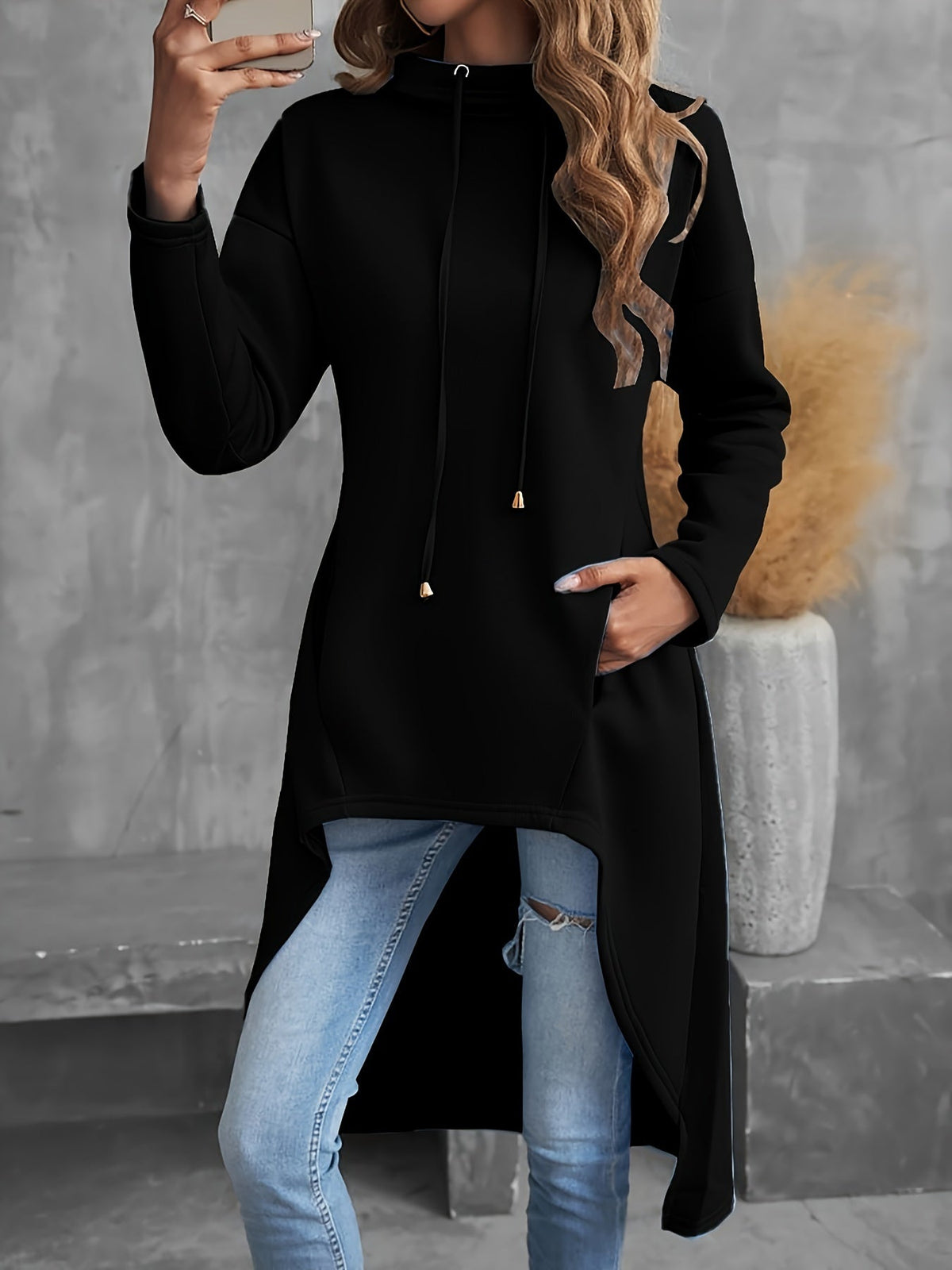 Sweat-shirt à capuche pour femme, coupe asymétrique, manches longues, cordon de serrage, couleur unie, haut à capuche décontracté, rouge, noir, bleu, gris, jaune, S-XXL