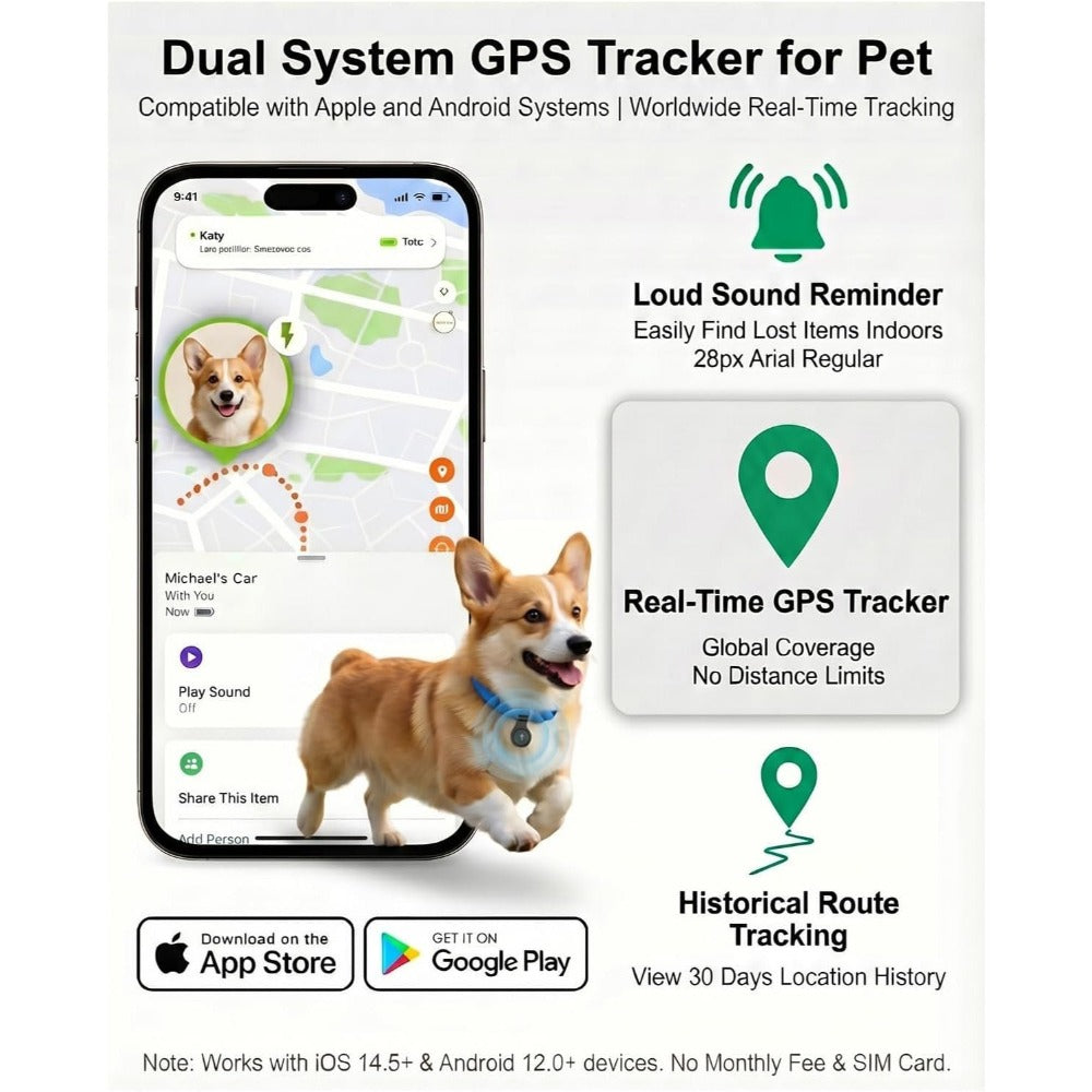 Traceur GPS pour chiens et chats – Sans abonnement, sans carte SIM, localisation en temps réel via l'application Localiser d'iOS, traceur intelligent ultra-fin pour animaux avec support de collier et alertes de zones de sécurité