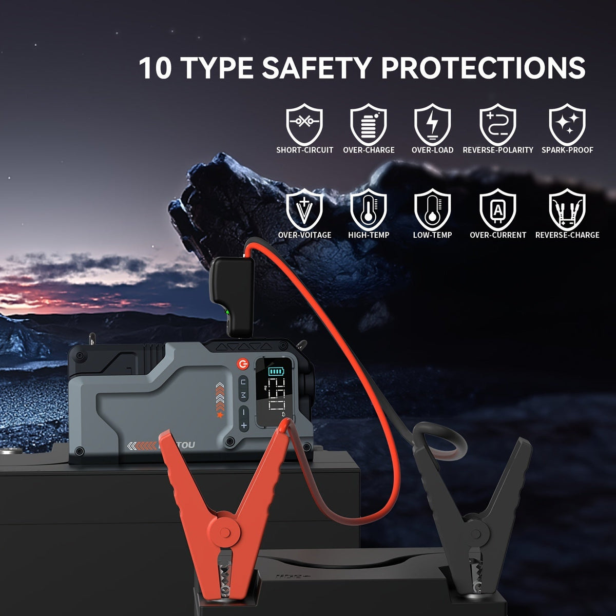 Démarreur portable 6000 A/9000 A avec compresseur d'air 150 PSI – Boîtier de démarrage 7-en-1 avec gonfleur de pneus numérique et batterie externe pour moteurs à essence (10 L) et diesel (9,0 L), démarreur de voiture avec ports USB