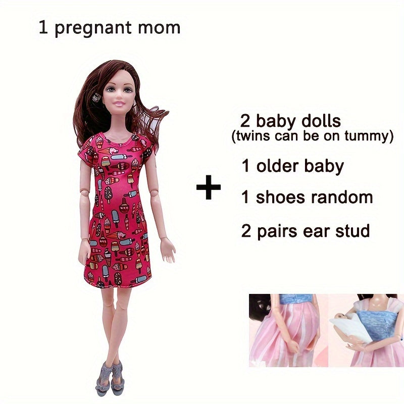 Poupée mannequin enceinte de 30 cm avec articulations mobiles, maman poupée avec 2 bébés, poupée aînée, boucles d'oreilles, chaussures, robe moderne, poupée princesse, jouet éducatif pour filles de 3 ans et plus