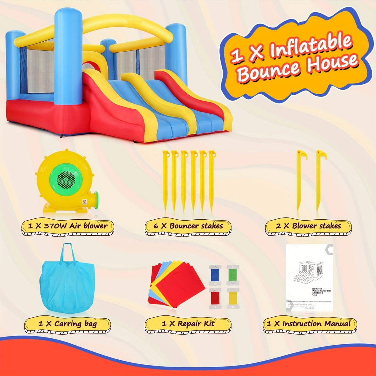 Château gonflable avec soufflerie pour enfants de 3 à 10 ans, grande structure de 3,6 x 2,7 m pour jardin avec double toboggan, parcours d'obstacles, vaste zone de saut, aire de jeu intérieure et extérieure pour fête d'anniversaire – Rouge, bleu, jaune