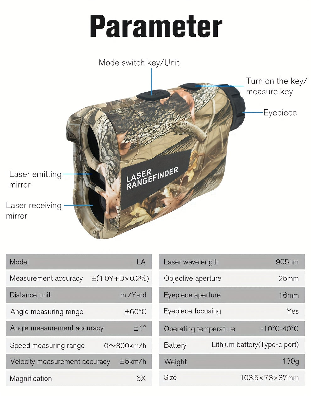 Télémètre laser 1200 yards – Grossissement 6X, rechargeable, compensation de pente, verrouillage de drapeau, mesure de vitesse et d'altitude, design camouflage pour golf et chasse