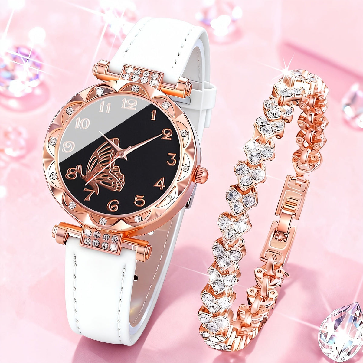 Coffret montre cœur orné de strass pour femme – 2 montres à quartz avec bracelet en similicuir, ensemble de montres-bracelets or rose et rose, idée cadeau pour la Saint-Valentin, les anniversaires et les fêtes