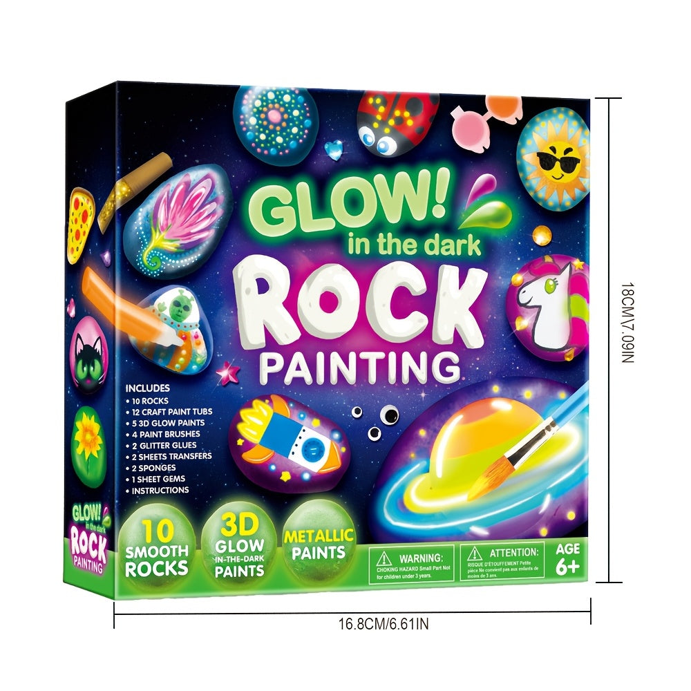 Kit de peinture sur galets phosphorescents pour enfants dès 6 ans – Ensemble complet d'arts créatifs avec 10 galets, 17 peintures, pierres précieuses, pinceaux et autocollants | Jouet créatif STEM pour garçons et filles, cadeau d'anniversaire et de Pâques