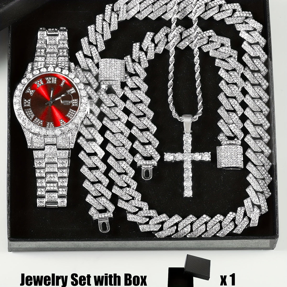 Parure de bijoux 4 pièces avec montre strass et pendentif croix, montre-bracelet analogique à quartz, collier, bracelet et boucles d'oreilles, cadeau unisexe pour lui ou elle, mariage