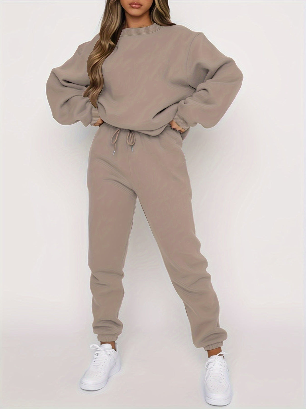 Ensemble deux pièces pour femme : sweat-shirt à col rond et pantalon de jogging décontracté avec taille élastique à cordon de serrage, beige, gris, noir, bleu marine, café, S-XXL