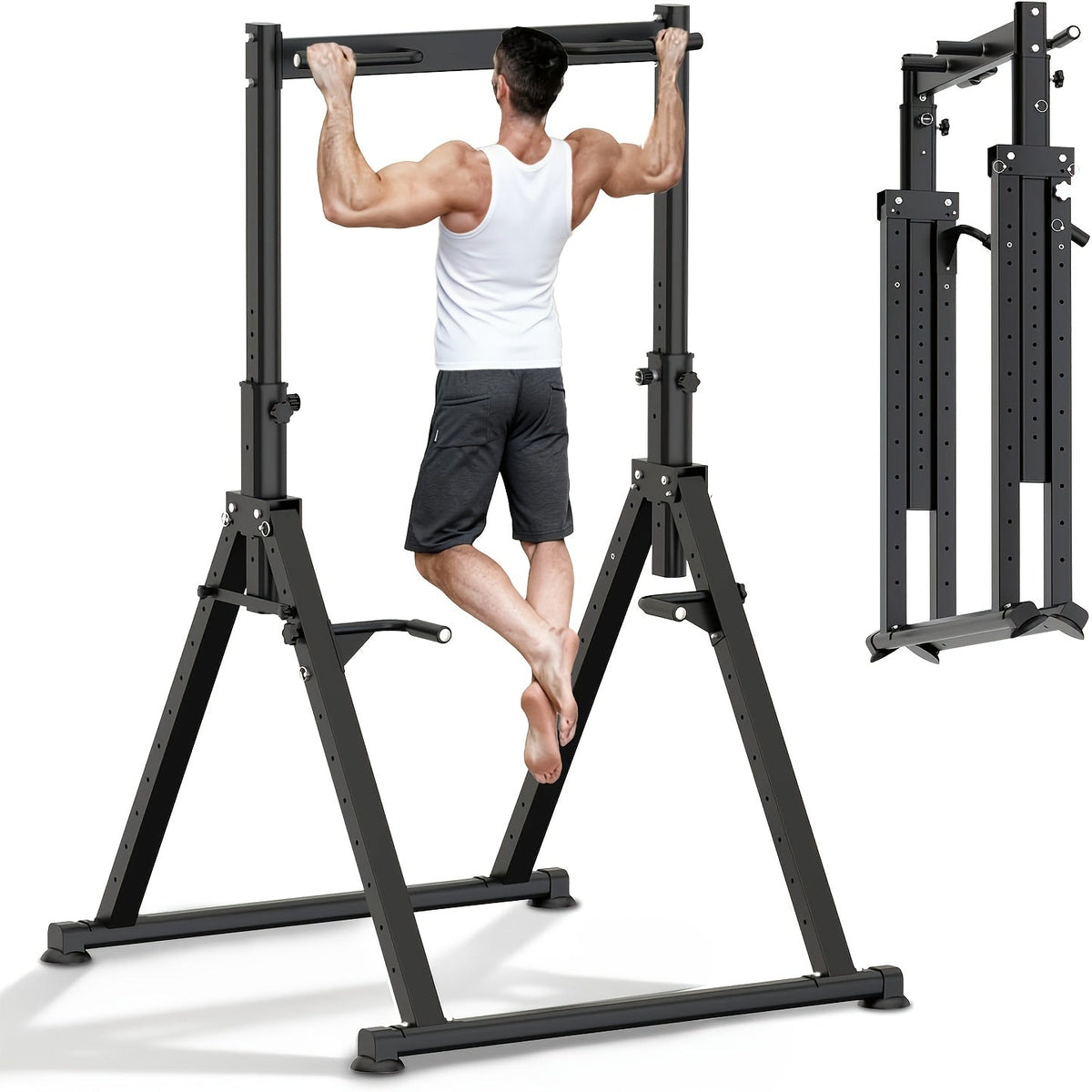 Station de musculation Power Tower avec barre de traction et poste à dips – Hauteur réglable 127-230 cm, capacité 150 kg, équipement de musculation multifonction pour hommes et femmes, bandes élastiques incluses