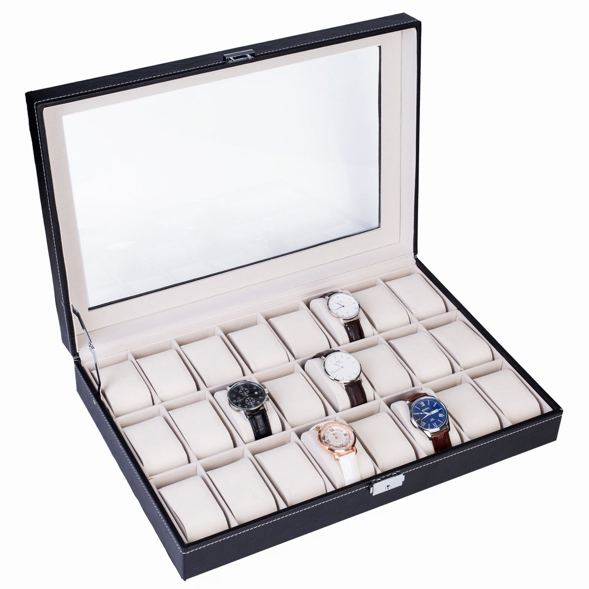 Boîte de rangement pour 24 montres en cuir – Présentoir grande capacité avec couvercle à ouverture par le haut, coffret verrouillable pour hommes et femmes, élégant écrin de collection en cuir PU noir