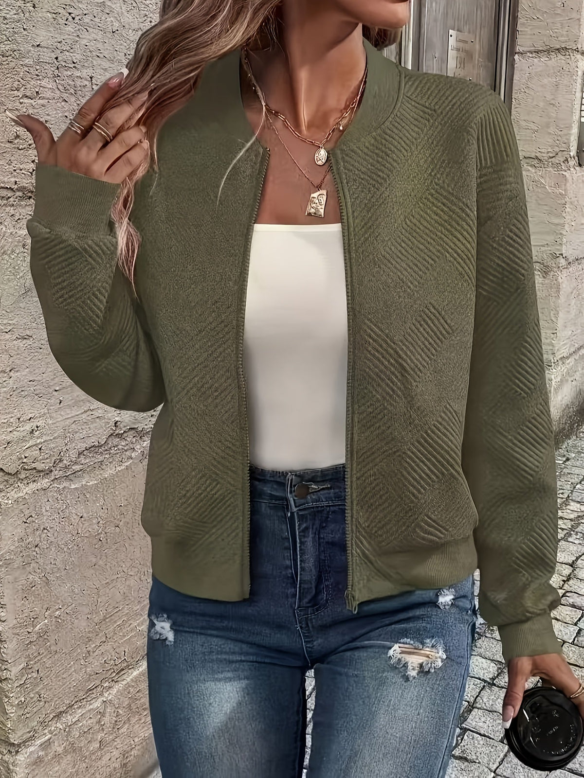 Veste zippée style baseball pour femme - Vêtement d'extérieur décontracté de couleur unie | Manteau sportif doublé en polyester avec bords-côtes, nouveauté mode automne-printemps