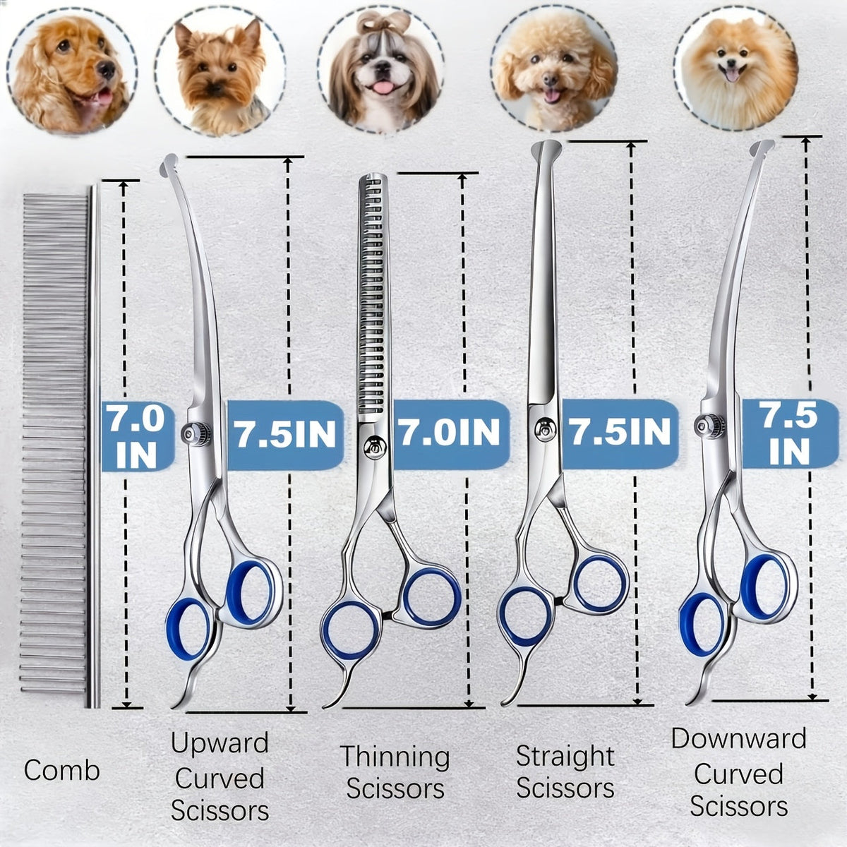 Kit de 7 ciseaux de toilettage pour animaux – Acier inoxydable 4CR avec revêtement en céramique, bouts ronds de sécurité, ciseaux droits, sculpteurs et courbes avec peigne et trousse de rangement pour chiens et chats toutes races
