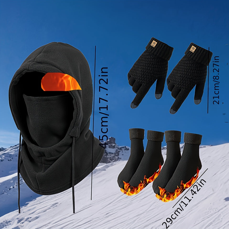 Ensemble thermique d'hiver 3/4 pièces, masque coupe-vent, gants tactiles, chaussettes en polaire épaisse, équipement grand froid pour snowboard, ski, randonnée, pêche sur glace – Lot d'accessoires d'extérieur chauds et légers