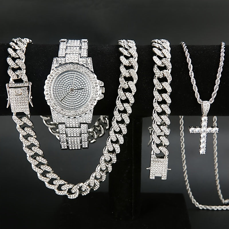 Ensemble de 5 pièces de luxe pour montre et bijoux – Pour hommes et femmes – Montre à quartz, collier à maillons cubains, bracelet, bague et pendentif croix, cadeau de Noël idéal, en or et argent