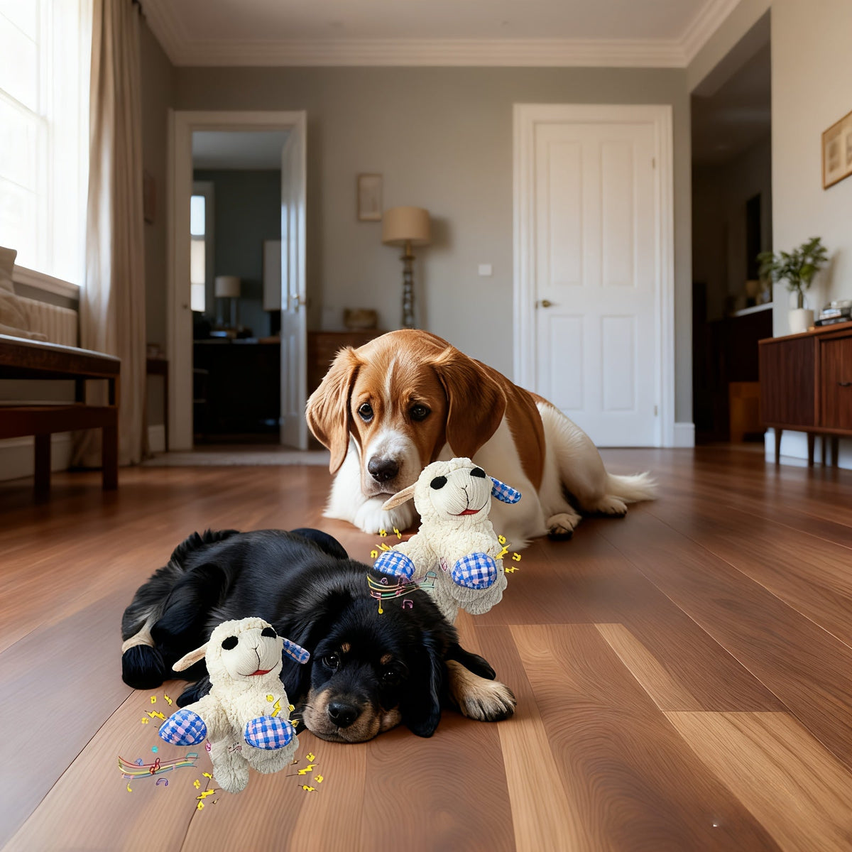 Jouet en peluche grinçant pour chien avec 5 couineurs intégrés – Peluche apaisante pour petits et moyens chiens, motif à carreaux bleu et rouge, jouet à mâcher anti-anxiété sans pile ni électricité pour races calmes