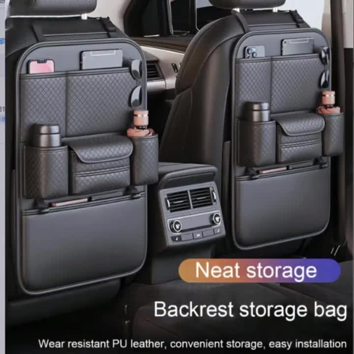 Organisateur de dossier de siège auto en cuir PU, grand sac de rangement multi-poches pour bouteilles d'eau, tablettes et ordinateurs portables – Organisateur d'intérieur de voiture élégant, noir classique, pour voitures, SUV et camions