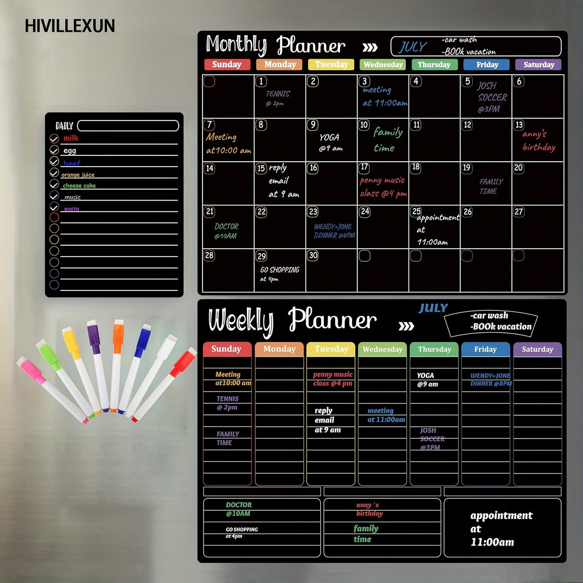 Ensemble de 3 tableaux magnétiques effaçables à sec Hivillexun – Tableaux de planification mensuel, hebdomadaire et quotidien pour réfrigérateur et mur, calendrier organisateur familial avec 8 marqueurs effaçables inclus