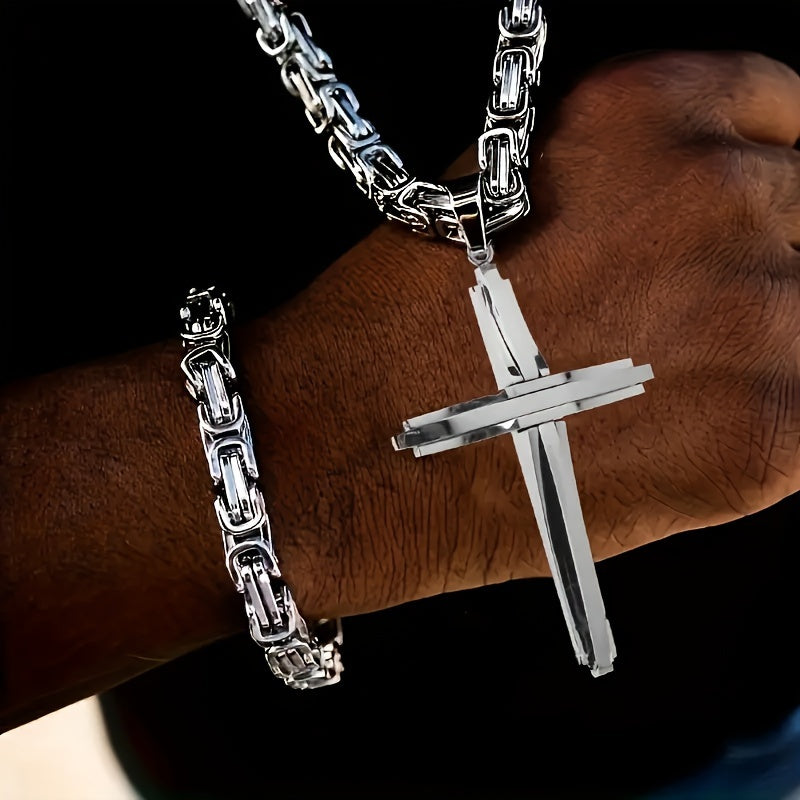 Ensemble collier et bracelet croix en acier inoxydable, bijoux bohème vintage épais pour hommes et femmes, idéal pour le quotidien ou en cadeau