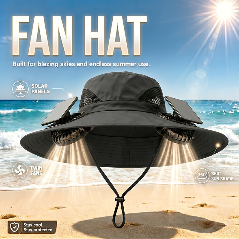 Chapeau de soleil à larges bords avec ventilateurs solaires – 2 ventilateurs solaires intégrés, vitesse du vent réglable, maille respirante, chapeau d'extérieur anti-UV avec mentonnière pour la pêche, le camping et les voyages