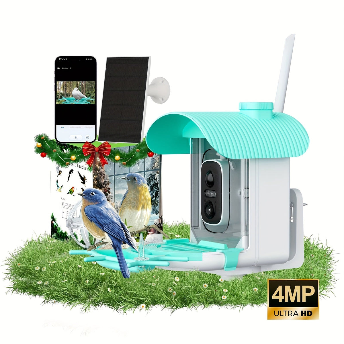 Mangeoire à oiseaux intelligente avec caméra solaire – 4MP 2K HD, identification des espèces d'oiseaux, détection de mouvement, protection contre les écureuils, étanchéité IP66, surveillance à distance via application, cadeau pour les amoureux des oiseaux