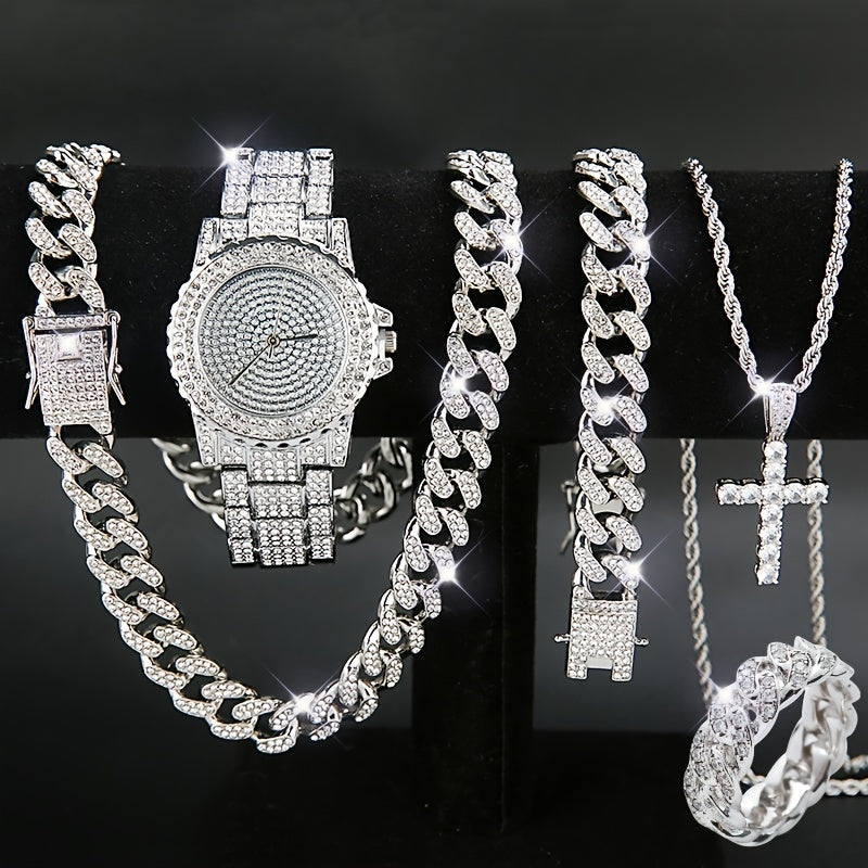 Ensemble de 5 pièces de luxe pour montre et bijoux – Pour hommes et femmes – Montre à quartz, collier à maillons cubains, bracelet, bague et pendentif croix, cadeau de Noël idéal, en or et argent