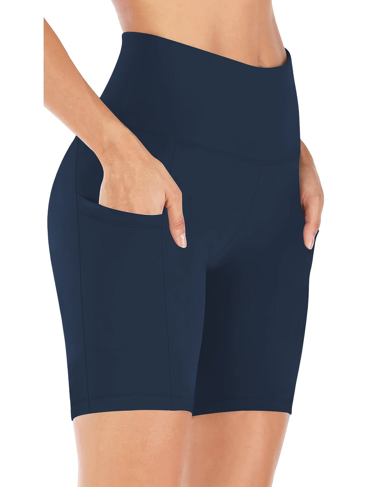 Short de yoga taille haute pour femme – Short de sport extensible 4 directions, anti-transpirant, avec ceinture élastique et poches latérales pour la course, le vélo et l'entraînement – Noir, gris foncé et bleu marine, tailles S-XXL