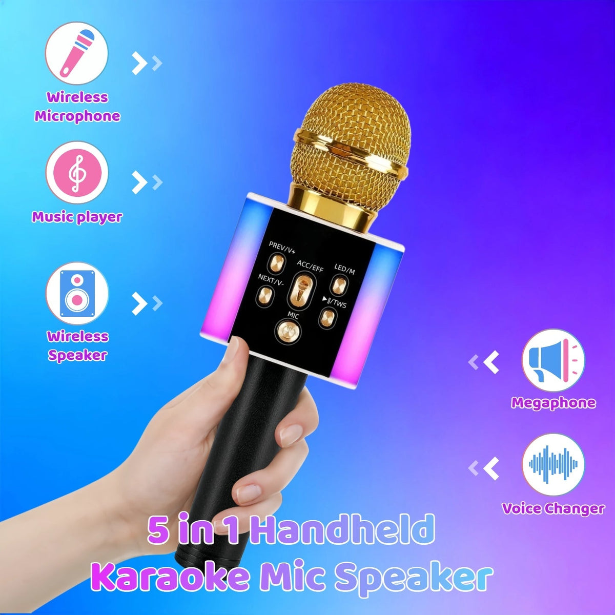 Microphone karaoké sans fil 5-en-1 avec haut-parleur intégré, lumières LED et changeur de voix – Micro de chant Bluetooth portable pour fêtes, réunions de famille, voyages et activités en plein air, 10 couleurs