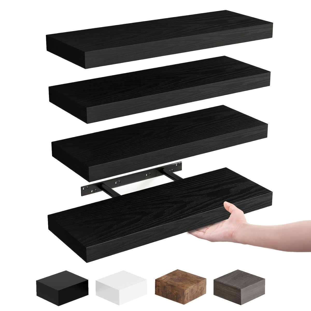 Étagères murales flottantes 15,8 pouces au fini rustique avec supports invisibles pour décoration murale et rangement – Lot de 4 ou 8 en noyer noir rustique