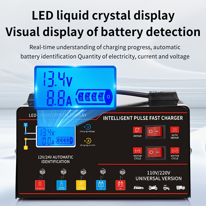 Chargeur de batterie universel intelligent 12V 24V avec écran LCD, réparation par impulsion, maintien de charge pour voiture, camion, moto, bateau, tondeuse à gazon, moissonneuse – Régulation automatique de la température