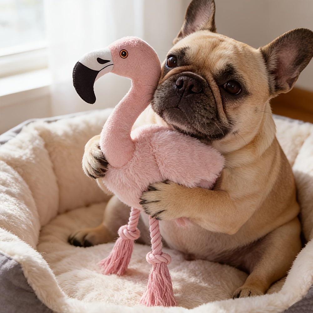 Jouet pour chien Flamingo avec couineur - Peluche double épaisseur résistante aux déchirures avec couineur intégré, corde et pompons, grand jouet interactif à tirer et à mâcher pour soulager l'anxiété, l'hygiène dentaire, chiots et chiens adultes