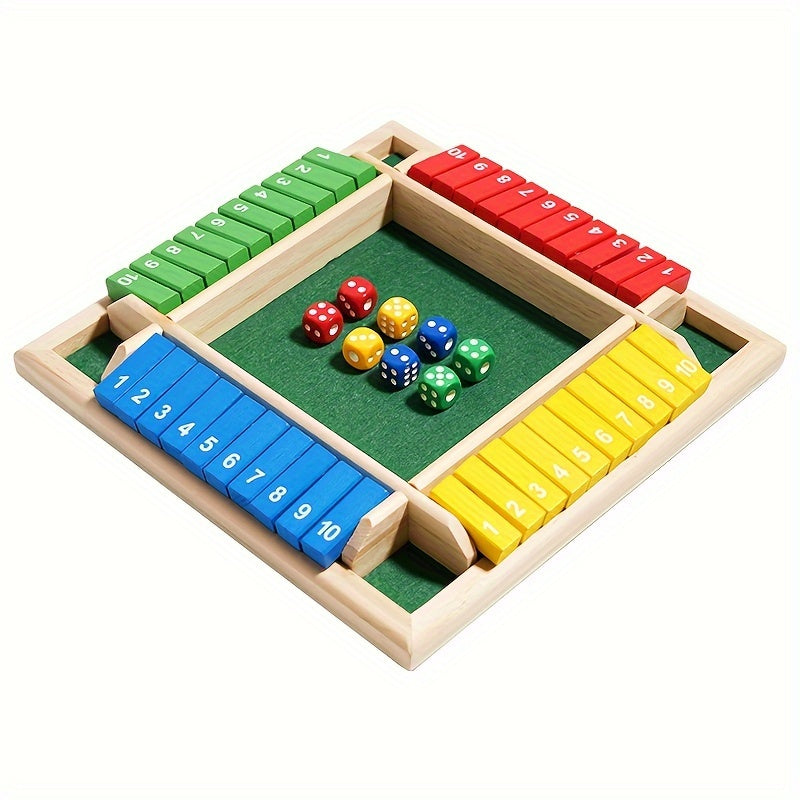 Jeu de mathématiques avec dés numérotés en bois – Plateau à quatre couleurs avec 8 dés colorés, jeu de société familial stimulant pour enfants et adultes