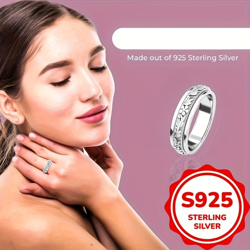 Bague large pour femme en argent sterling 925, motif vintage de feuilles et fleurs sculptées – Anneau élégant style bohème inspiré de la nature, bijou en argent hypoallergénique, tailles 6 à 10, idéal pour le quotidien, les vacances ou comme cadeau d'été